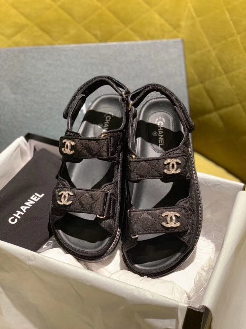 Chanel Satin Velcro Beach Sandals Calfskin Leather Spring/Summer Act 2 Collection Black