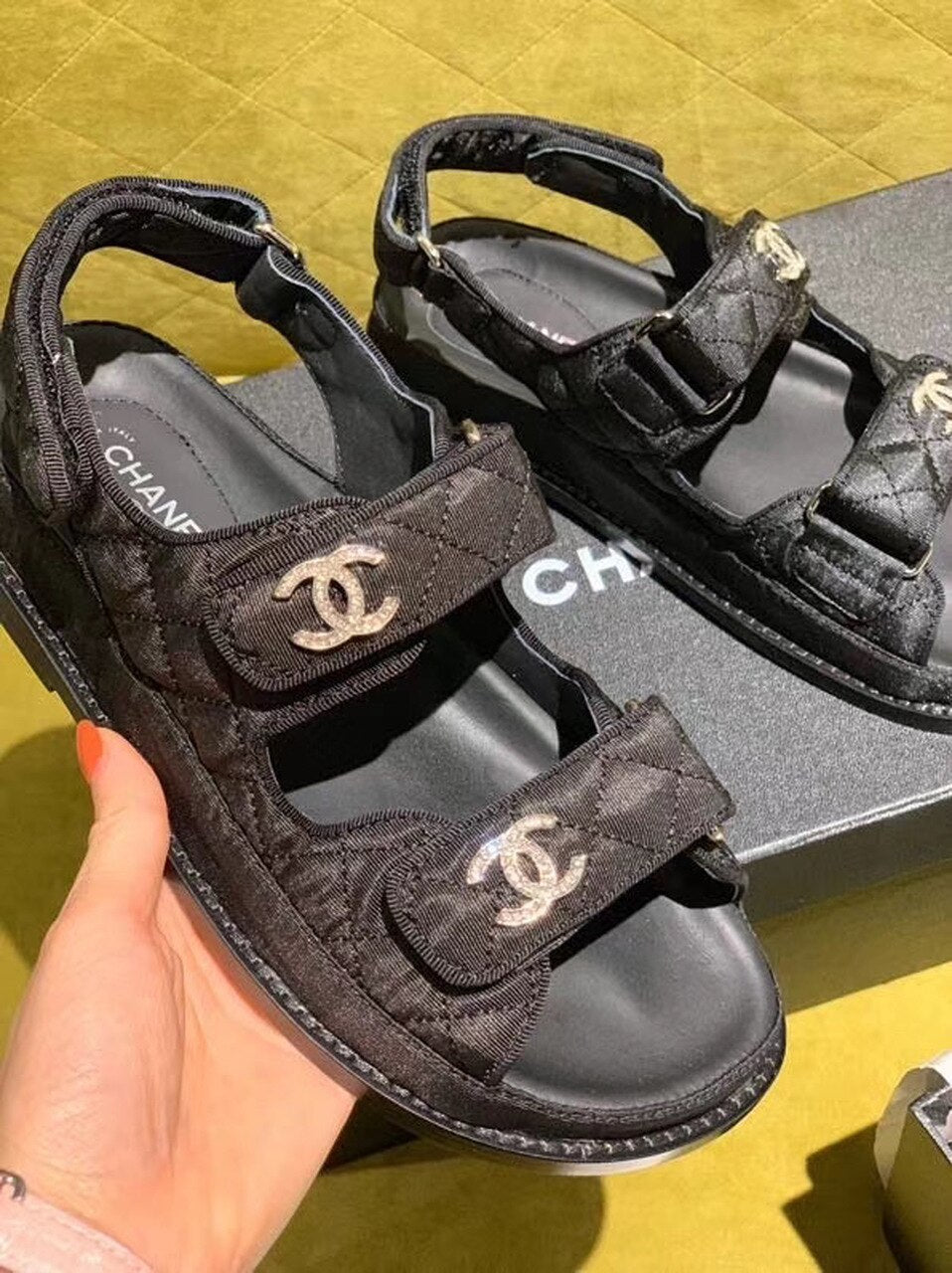 Chanel Satin Velcro Beach Sandals Calfskin Leather Spring/Summer Act 2 Collection Black