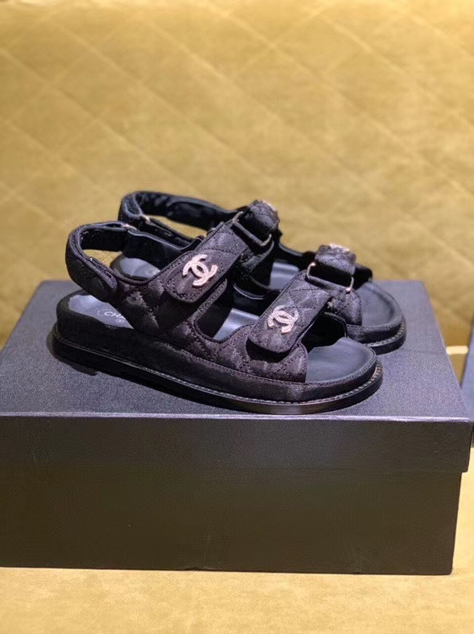 Chanel Satin Velcro Beach Sandals Calfskin Leather Spring/Summer Act 2 Collection Black