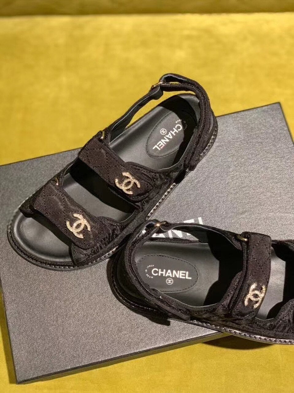 Chanel Satin Velcro Beach Sandals Calfskin Leather Spring/Summer Act 2 Collection Black