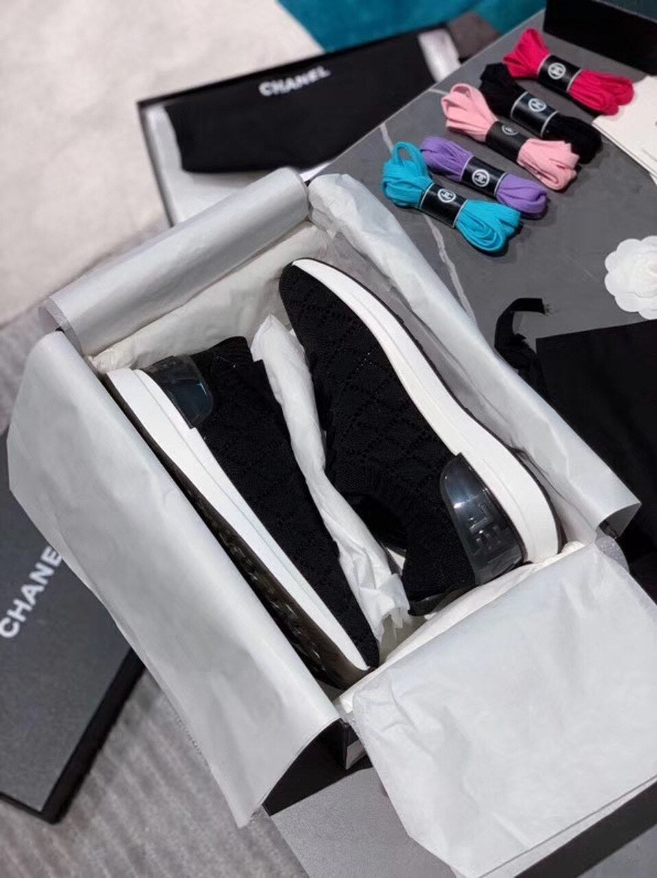 Chanel Sock Knit Sneakers Calfskin Leather Spring/Summer Act 2 Collection Black/White