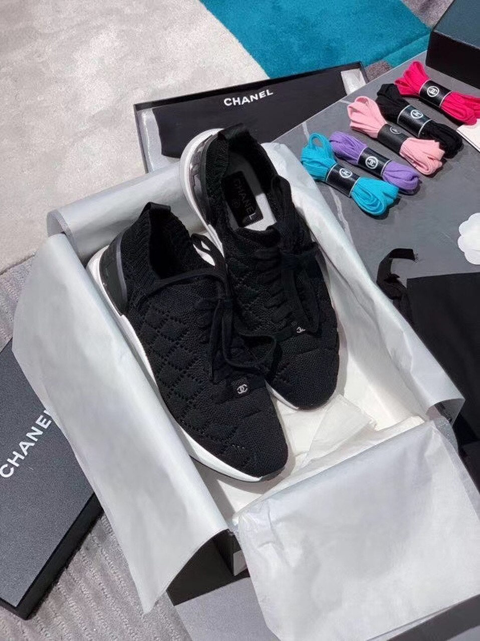 Chanel Sock Knit Sneakers Calfskin Leather Spring/Summer Act 2 Collection Black/White