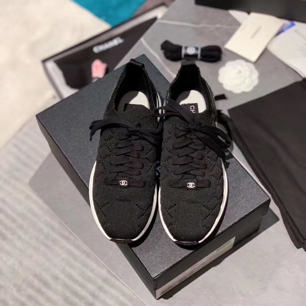 Chanel Sock Knit Sneakers Calfskin Leather Spring/Summer Act 2 Collection Black/White