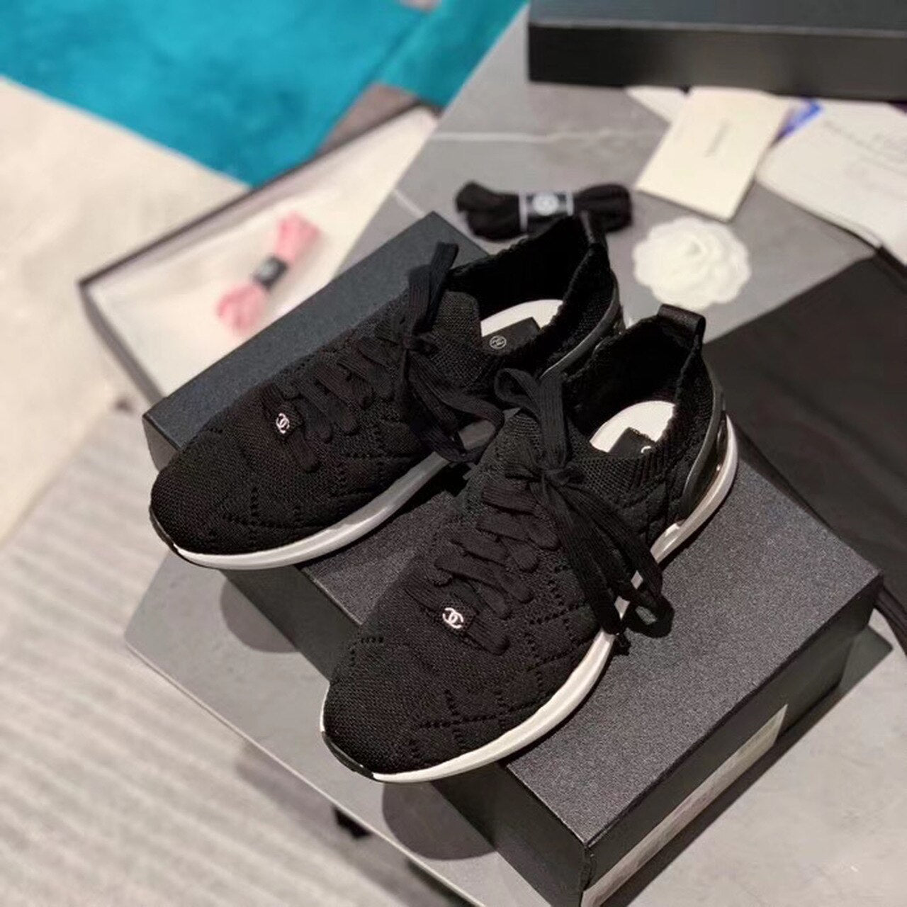 Chanel Sock Knit Sneakers Calfskin Leather Spring/Summer Act 2 Collection Black/White