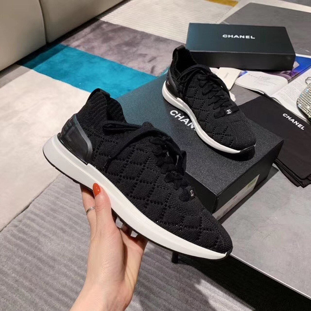 Chanel Sock Knit Sneakers Calfskin Leather Spring/Summer Act 2 Collection Black/White