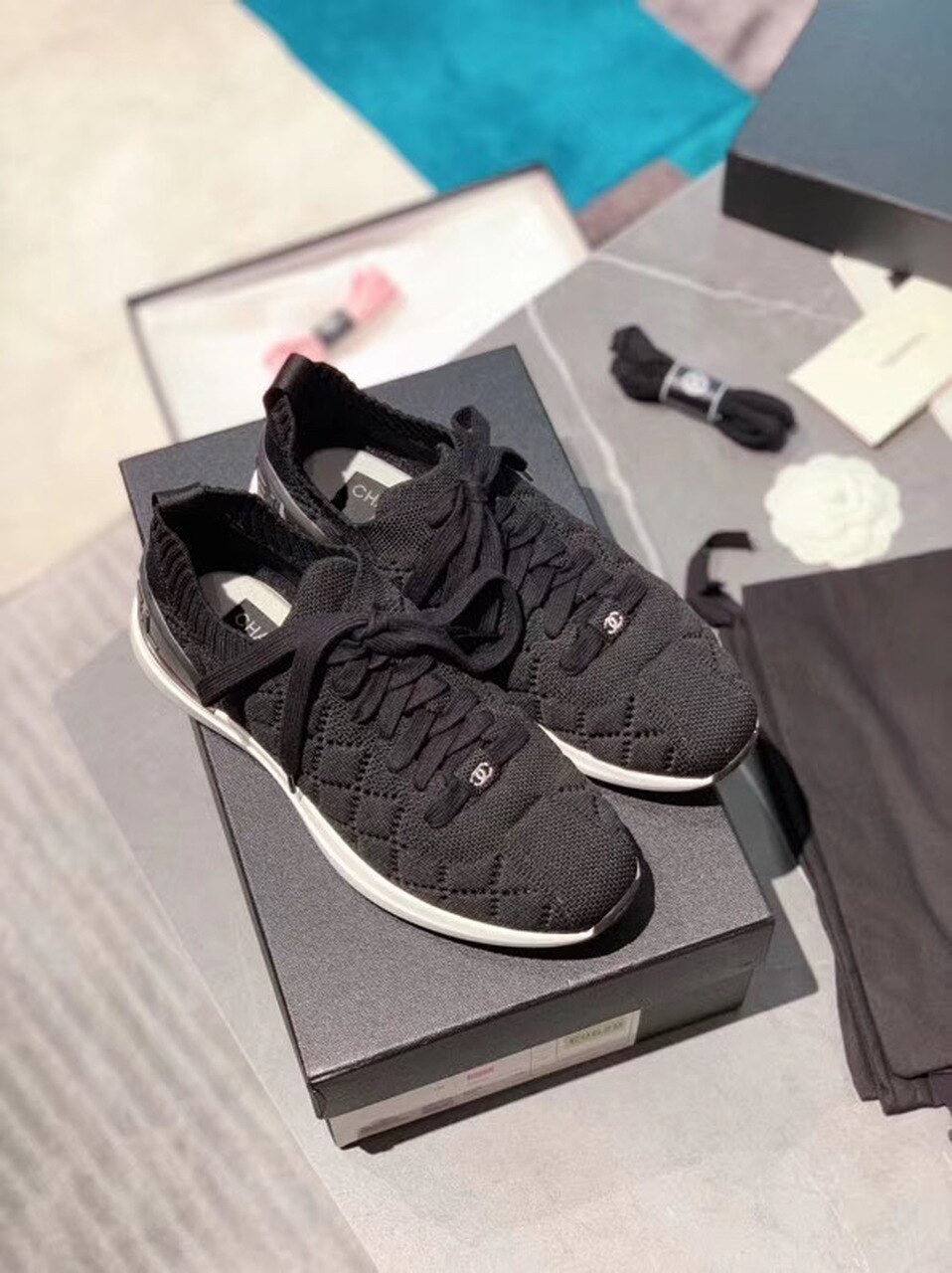 Chanel Sock Knit Sneakers Calfskin Leather Spring/Summer Act 2 Collection Black/White