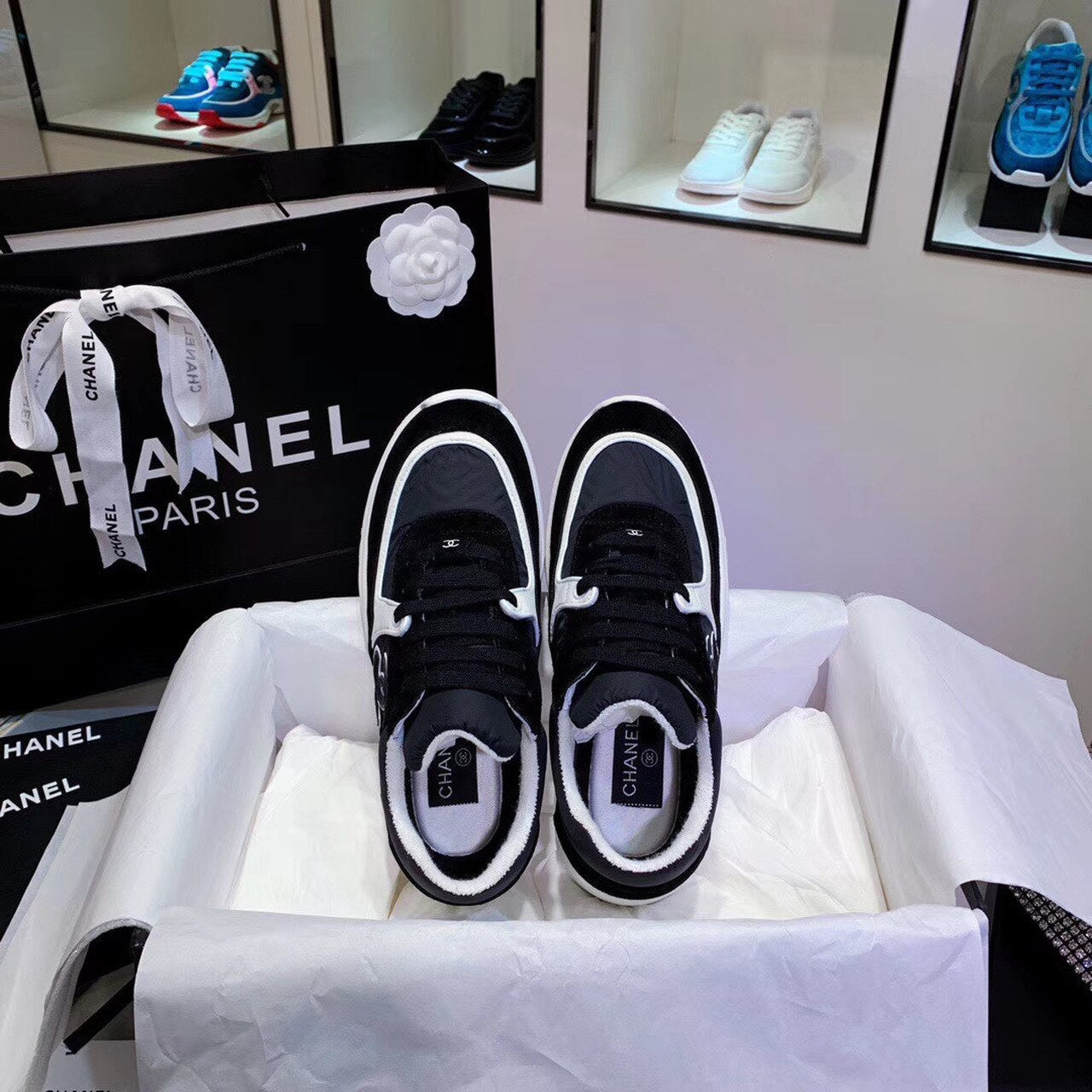Chanel Nylon Trainer Sneakers Lambskin & Suede Leather Spring/Summer Collection Black/White