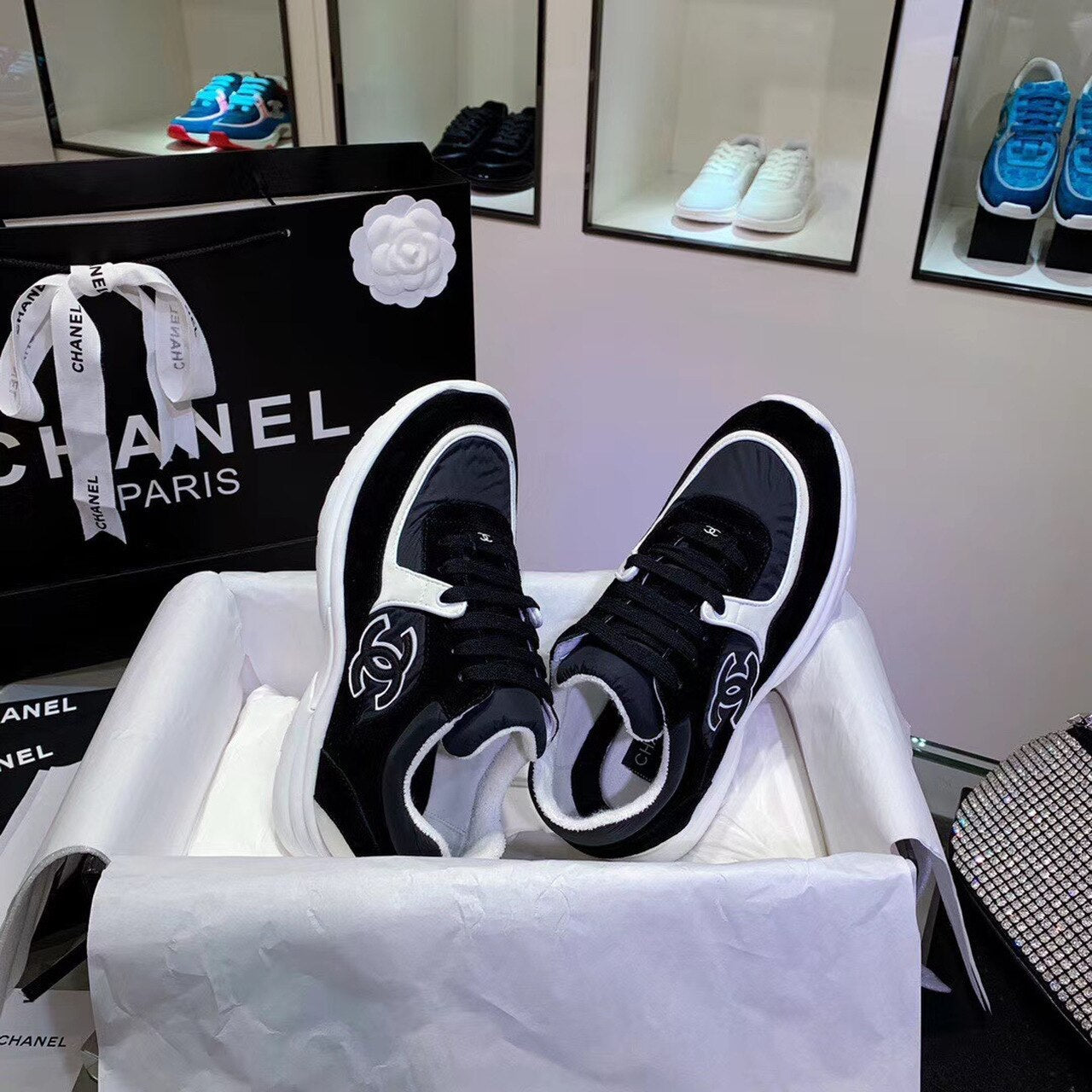 Chanel Nylon Trainer Sneakers Lambskin & Suede Leather Spring/Summer Collection Black/White