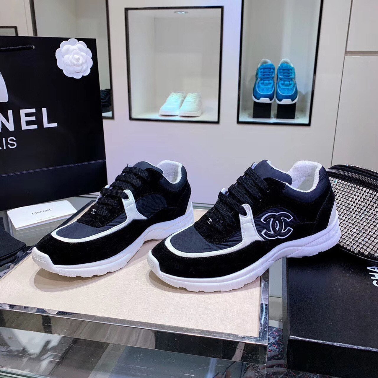 Chanel Nylon Trainer Sneakers Lambskin & Suede Leather Spring/Summer Collection Black/White