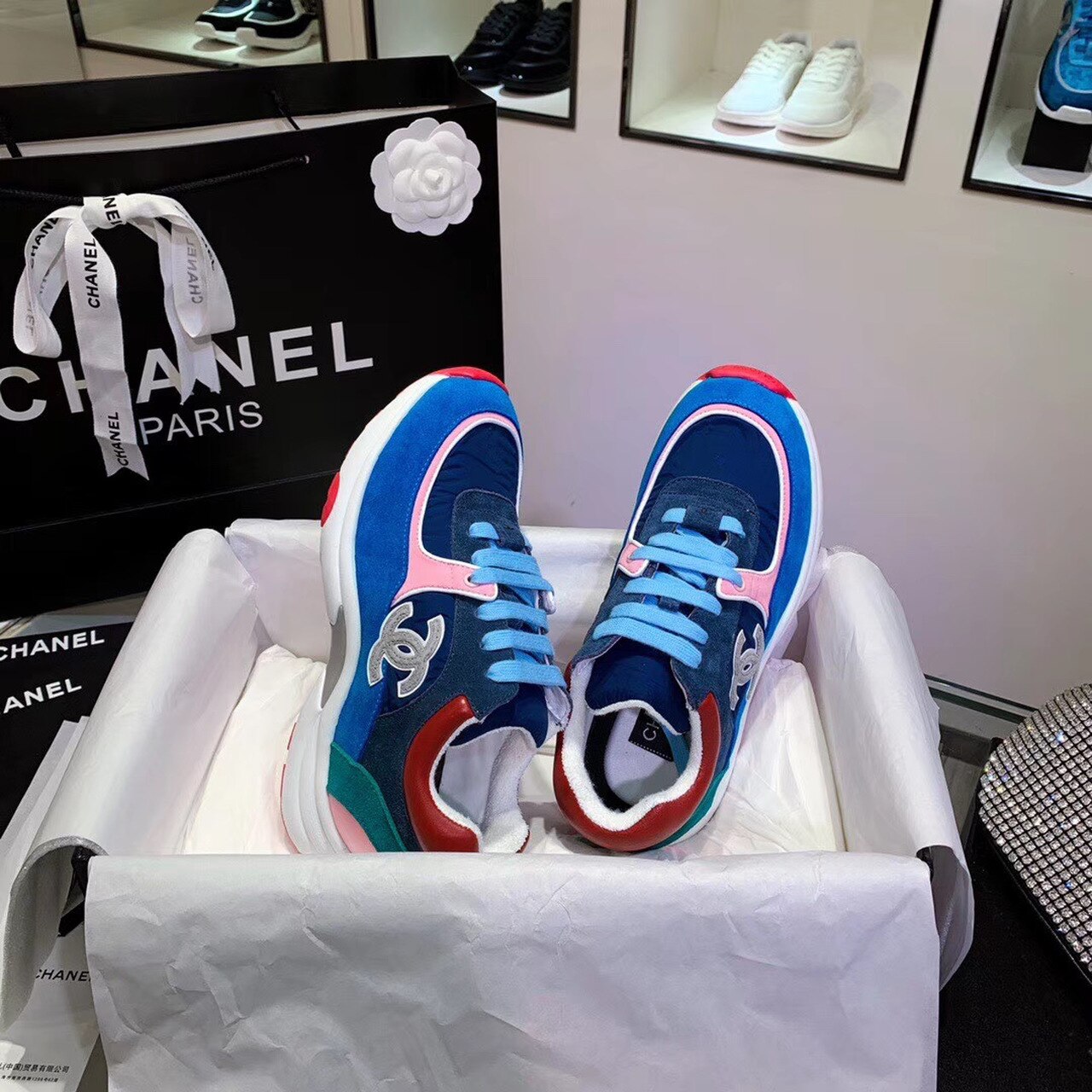 Chanel Nylon Trainer Sneakers Lambskin & Suede Leather Spring/Summer Collection Blue/Pink/White