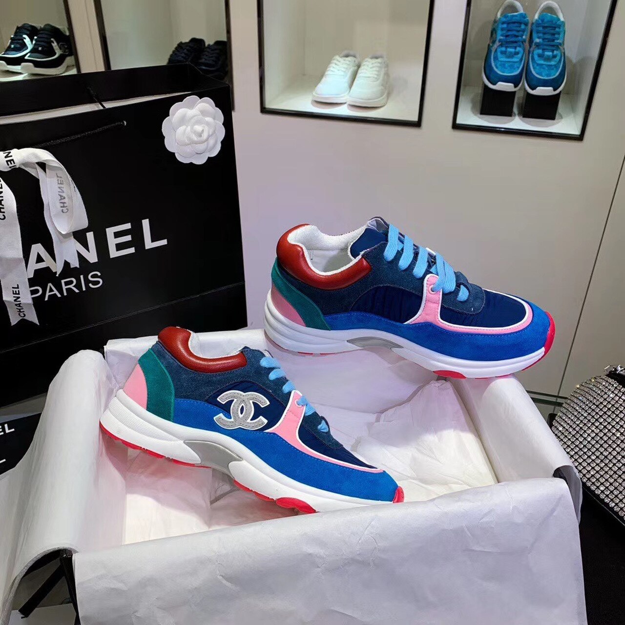 Chanel Nylon Trainer Sneakers Lambskin & Suede Leather Spring/Summer Collection Blue/Pink/White