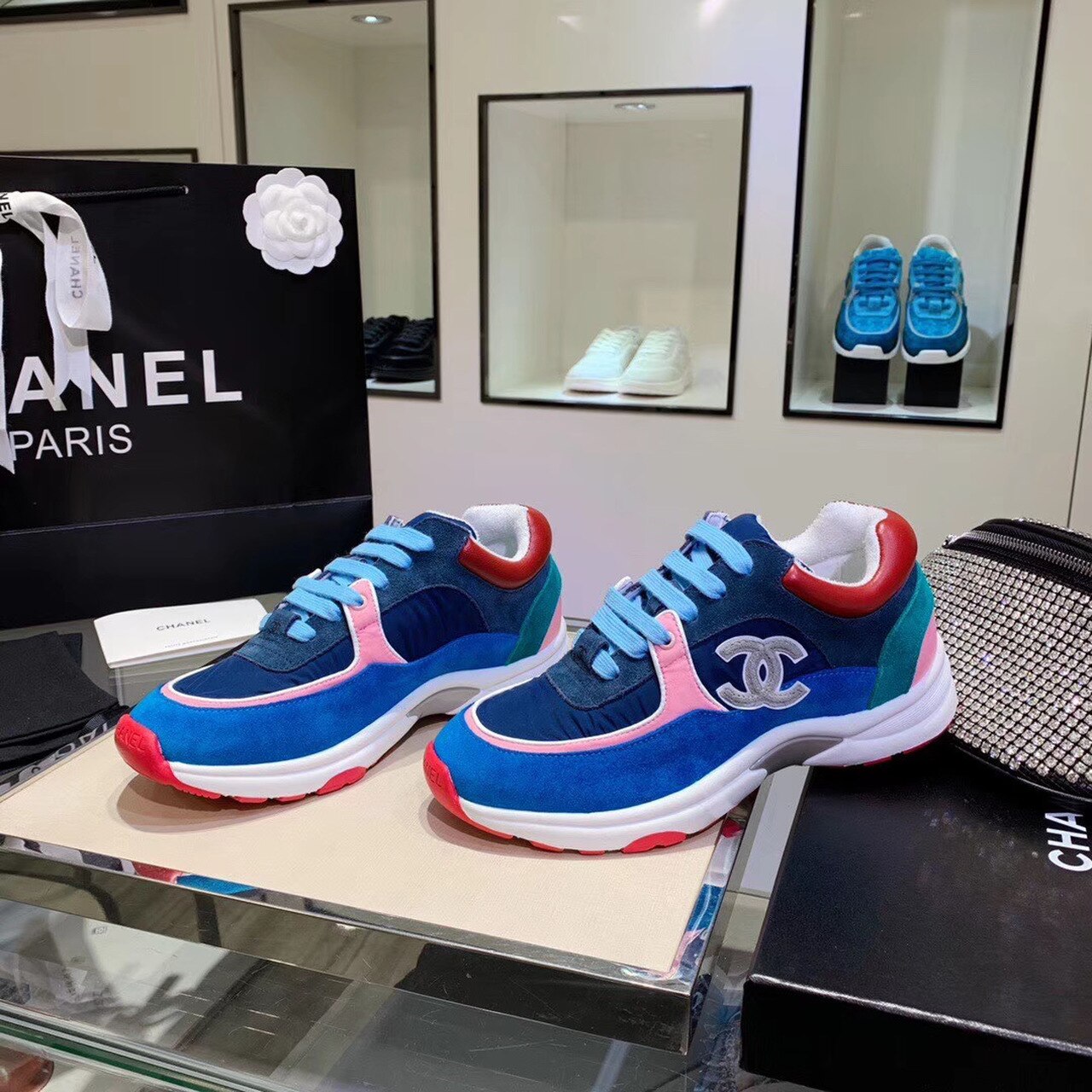 Chanel Nylon Trainer Sneakers Lambskin & Suede Leather Spring/Summer Collection Blue/Pink/White
