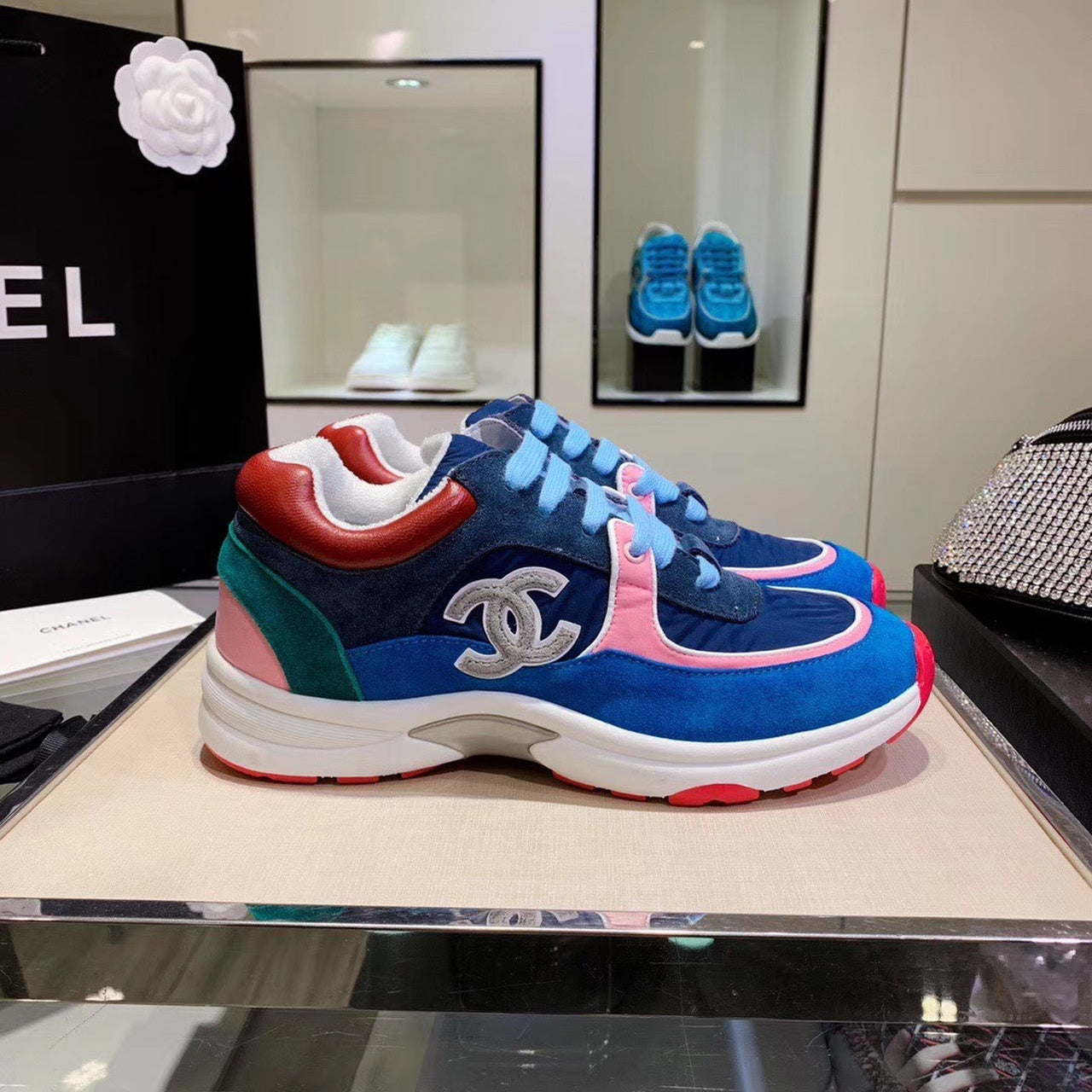 Chanel Nylon Trainer Sneakers Lambskin & Suede Leather Spring/Summer Collection Blue/Pink/White
