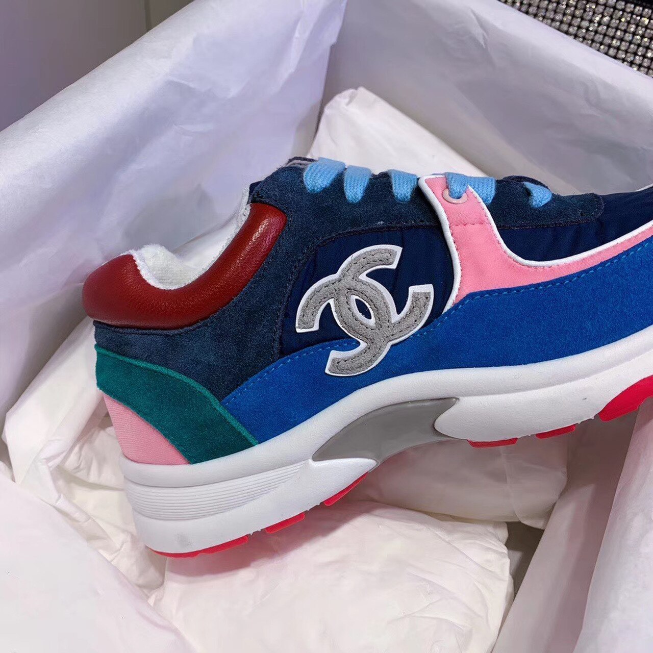 Chanel Nylon Trainer Sneakers Lambskin & Suede Leather Spring/Summer Collection Blue/Pink/White