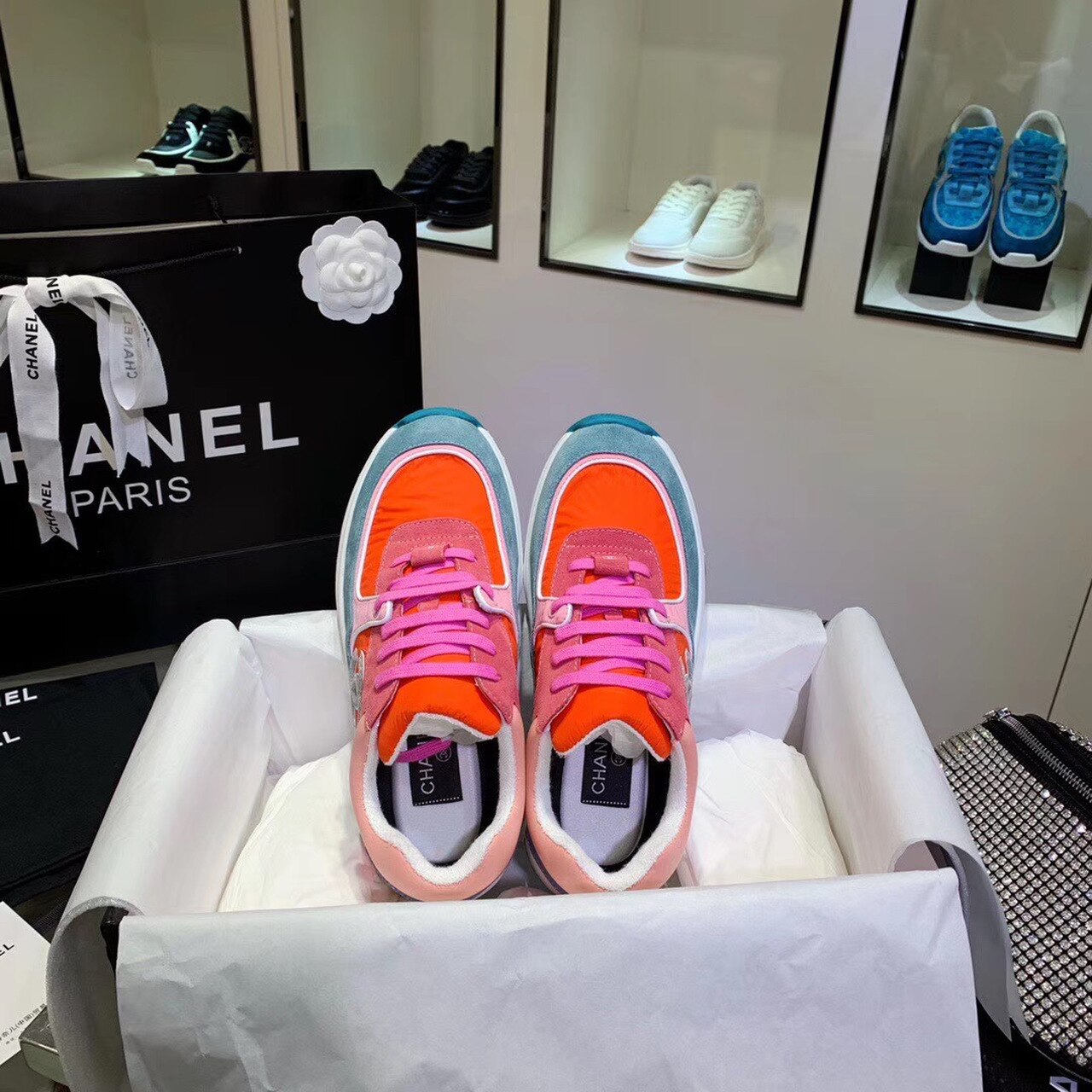 Chanel Nylon Trainer Sneakers Lambskin & Suede Leather Spring/Summer Collection Orange/Blue/Pink