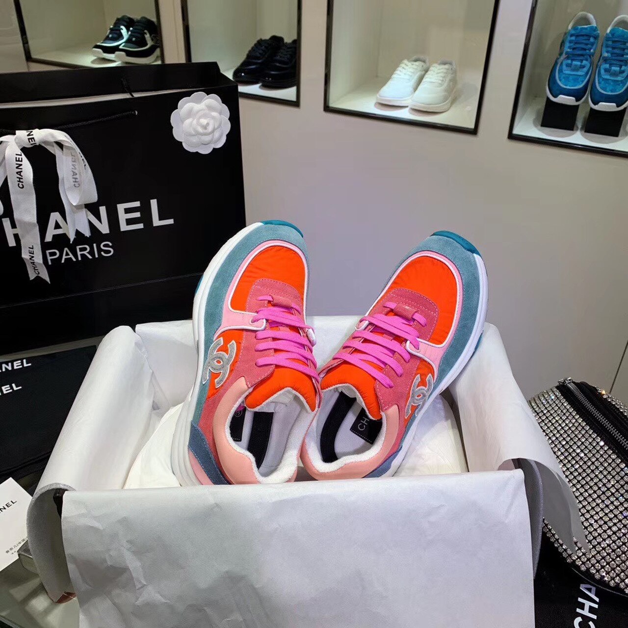 Chanel Nylon Trainer Sneakers Lambskin & Suede Leather Spring/Summer Collection Orange/Blue/Pink