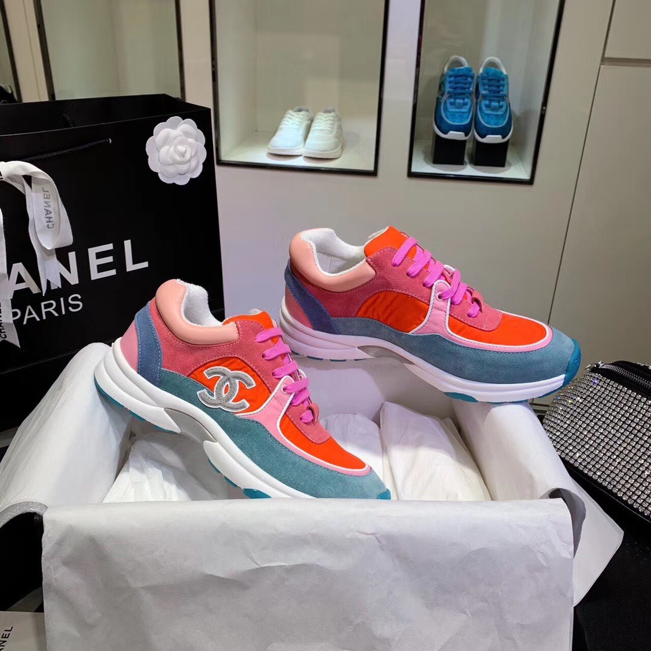 Chanel Nylon Trainer Sneakers Lambskin & Suede Leather Spring/Summer Collection Orange/Blue/Pink