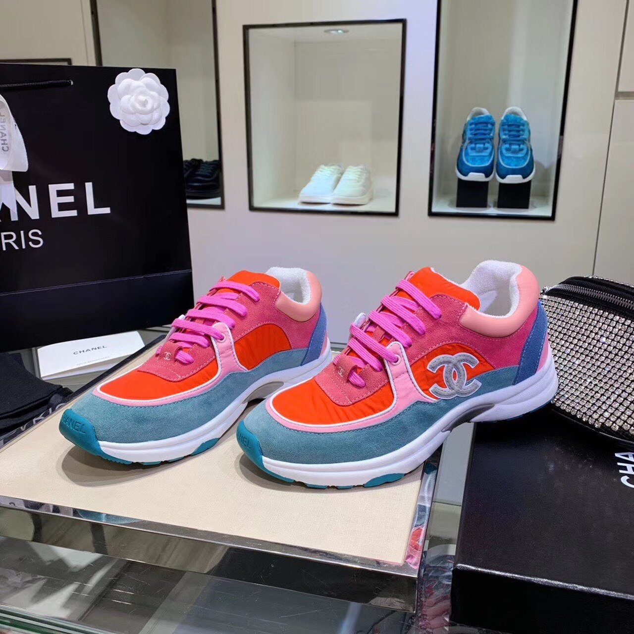 Chanel Nylon Trainer Sneakers Lambskin & Suede Leather Spring/Summer Collection Orange/Blue/Pink