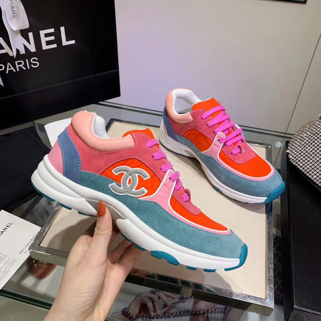 Chanel Nylon Trainer Sneakers Lambskin & Suede Leather Spring/Summer Collection Orange/Blue/Pink