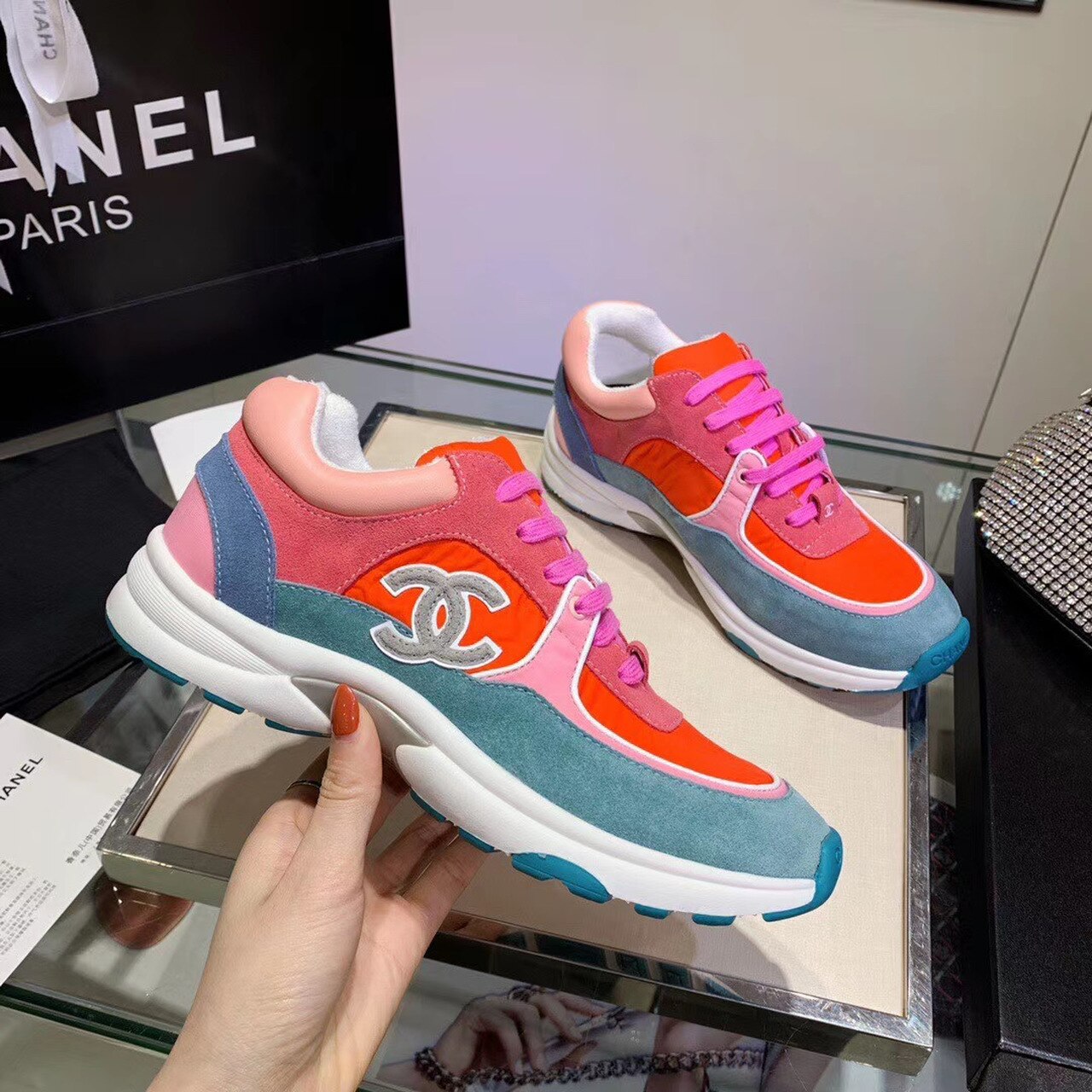 Chanel Nylon Trainer Sneakers Lambskin & Suede Leather Spring/Summer Collection Orange/Blue/Pink