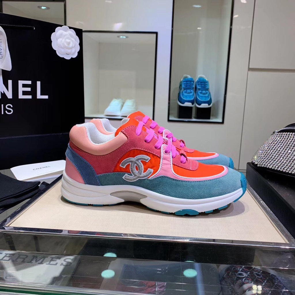 Chanel Nylon Trainer Sneakers Lambskin & Suede Leather Spring/Summer Collection Orange/Blue/Pink