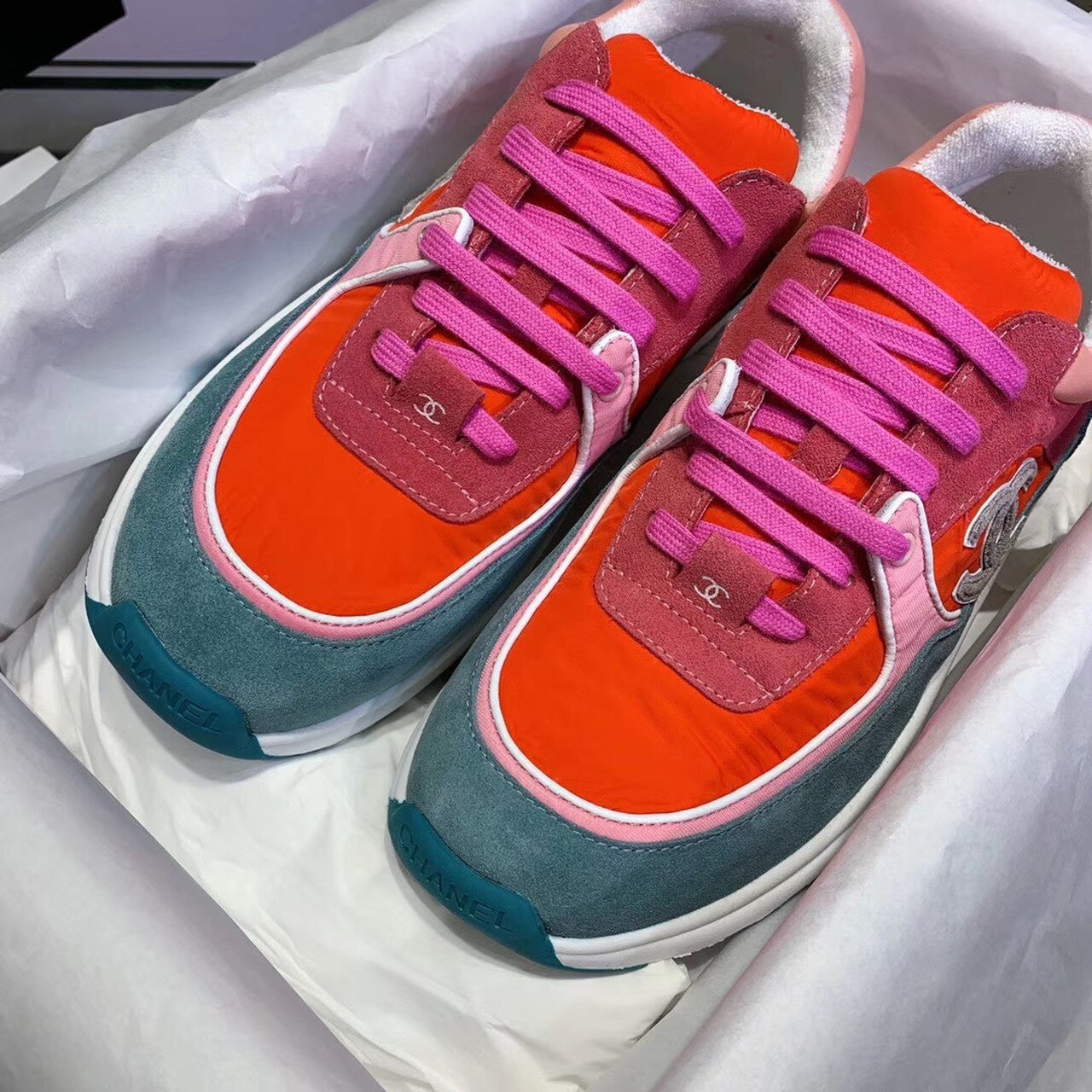 Chanel Nylon Trainer Sneakers Lambskin & Suede Leather Spring/Summer Collection Orange/Blue/Pink