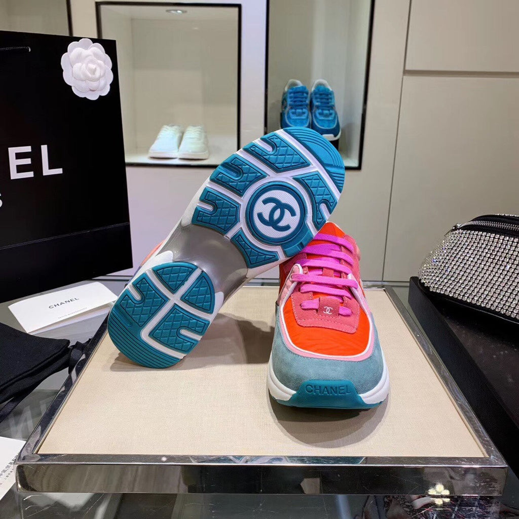 Chanel Nylon Trainer Sneakers Lambskin & Suede Leather Spring/Summer Collection Orange/Blue/Pink