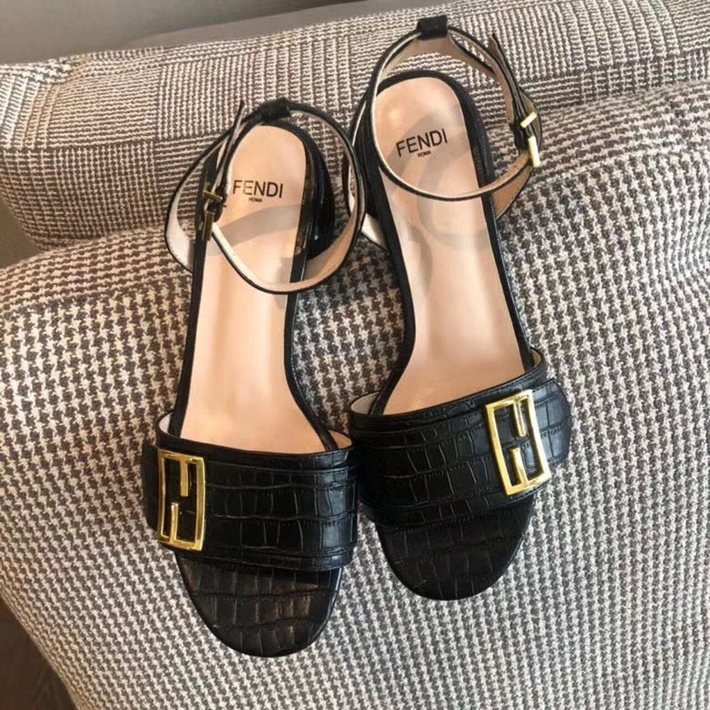 Fendi FF Block Heel Flat Sandals Croc Embossed Calfskin Leather Spring/Summer Collection Black