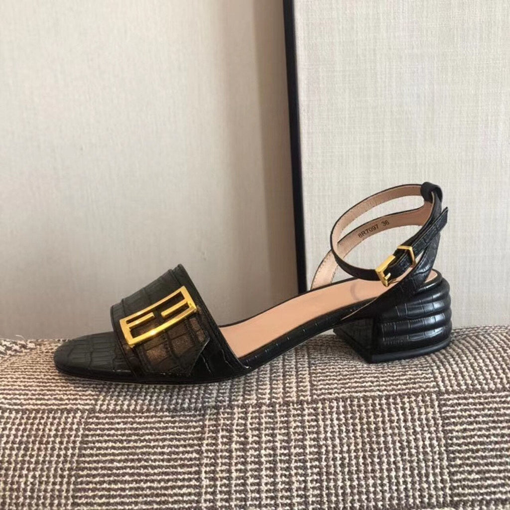 Fendi FF Block Heel Flat Sandals Croc Embossed Calfskin Leather Spring/Summer Collection Black