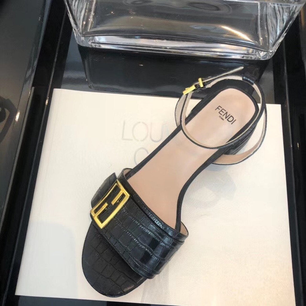 Fendi FF Block Heel Flat Sandals Croc Embossed Calfskin Leather Spring/Summer Collection Black