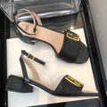 Fendi FF Block Heel Flat Sandals Croc Embossed Calfskin Leather Spring/Summer Collection Black