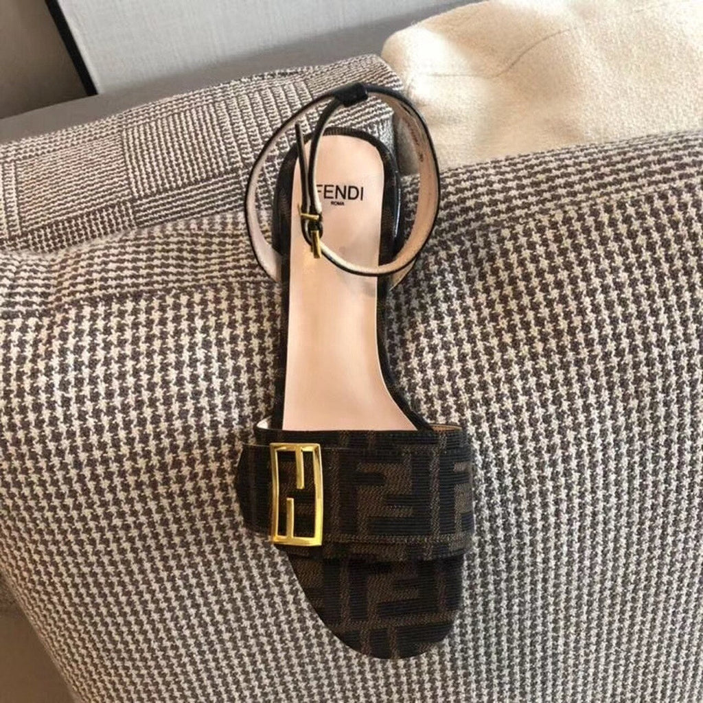 Fendi FF Block Heel Flat Sandals Croc Embossed Calfskin Leather Spring/Summer Collection Brown