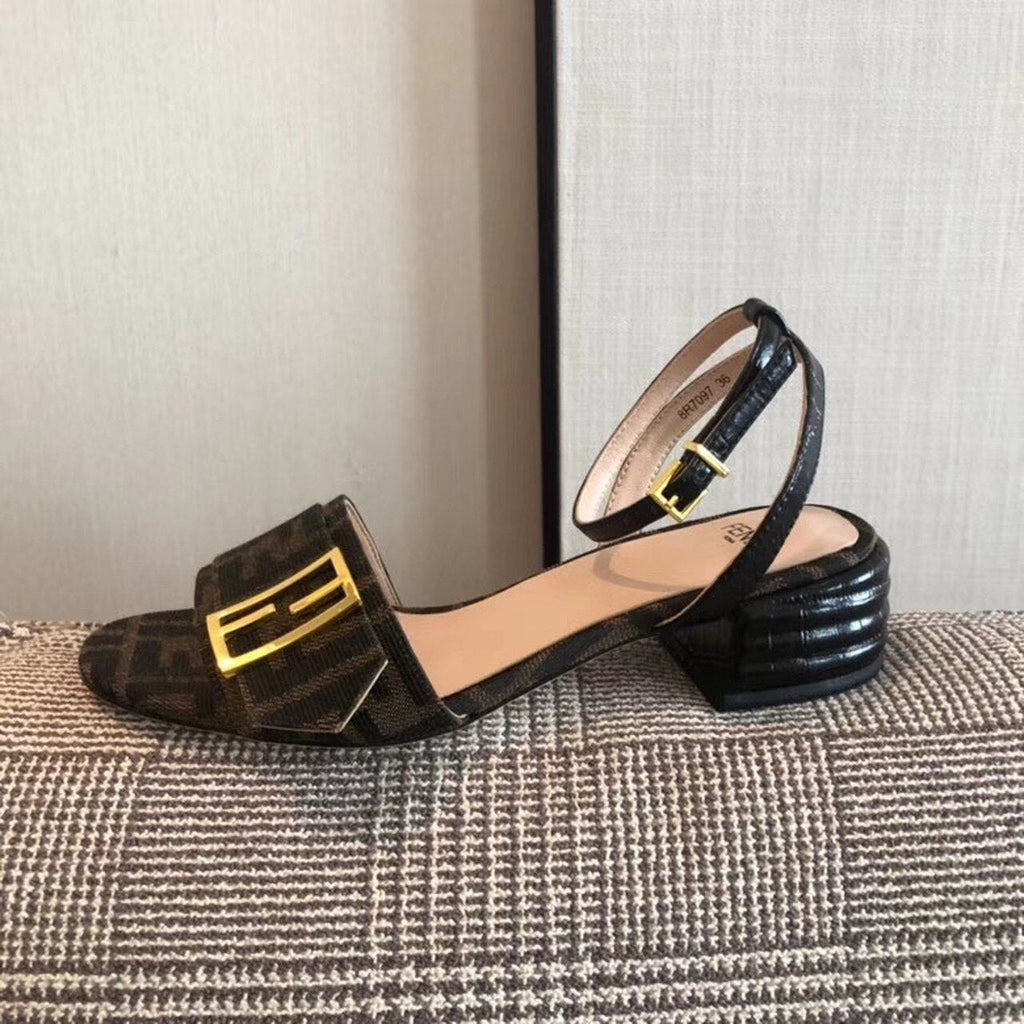 Fendi FF Block Heel Flat Sandals Croc Embossed Calfskin Leather Spring/Summer Collection Brown