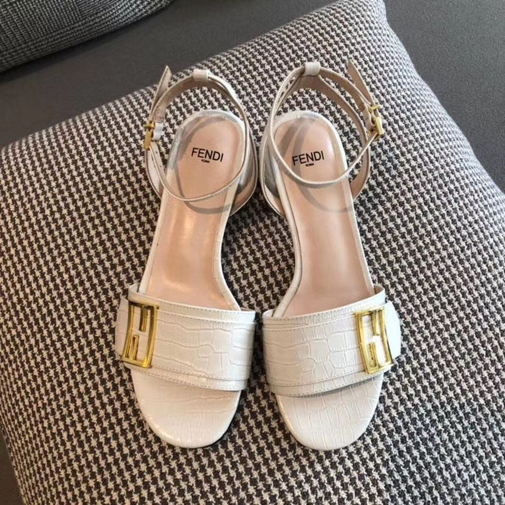 Fendi FF Block Heel Flat Sandals Croc Embossed Calfskin Leather Spring/Summer 2020 Collection, White
