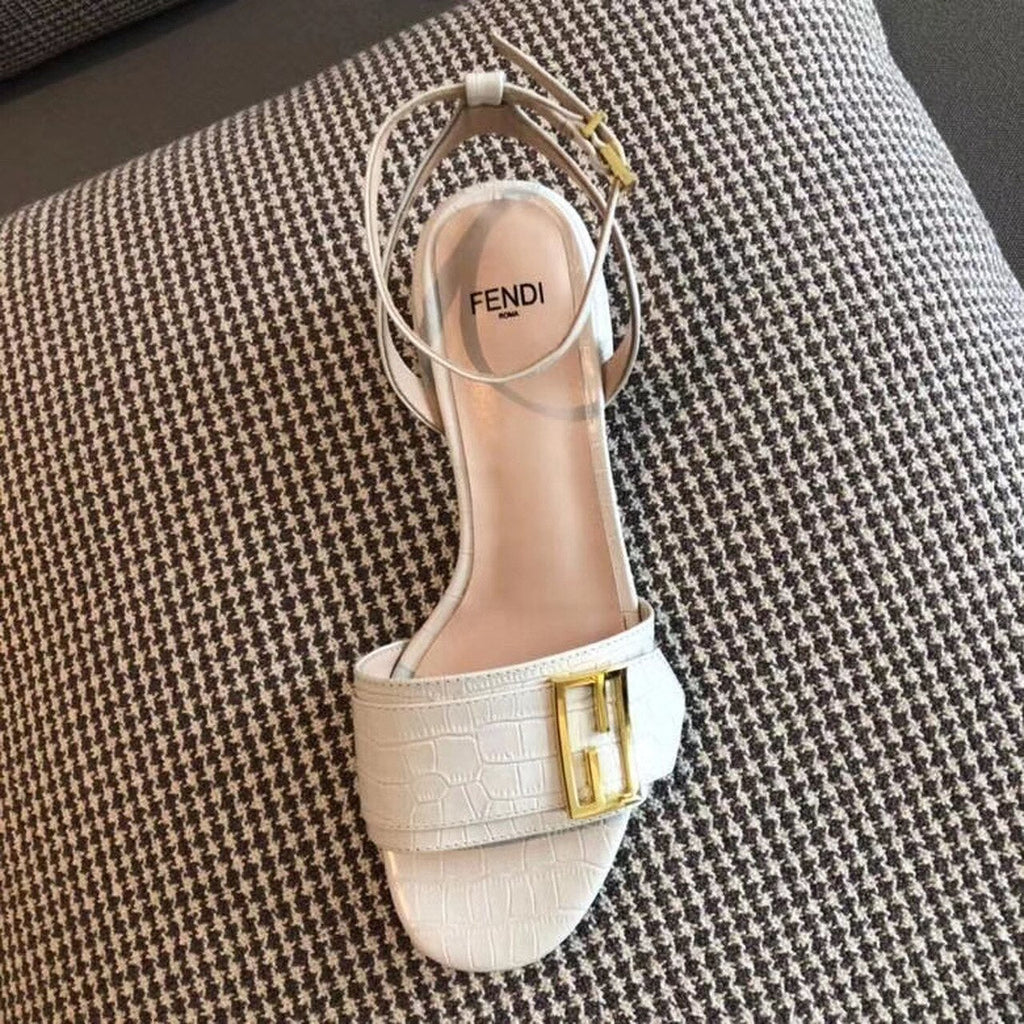 Fendi FF Block Heel Flat Sandals Croc Embossed Calfskin Leather Spring/Summer 2020 Collection, White