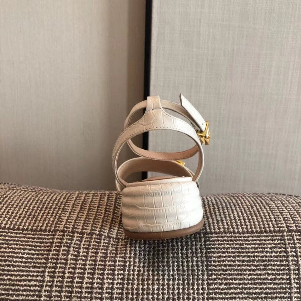 Fendi FF Block Heel Flat Sandals Croc Embossed Calfskin Leather Spring/Summer 2020 Collection, White