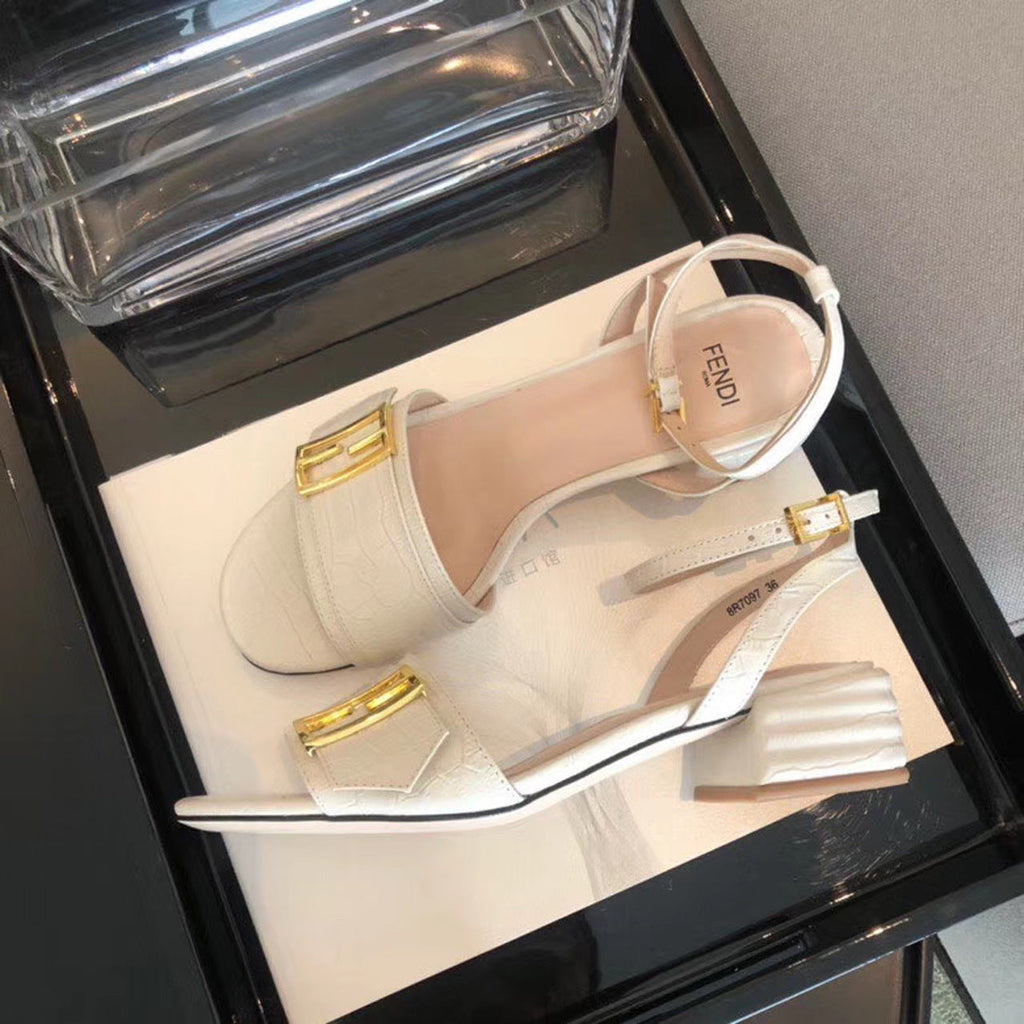 Fendi FF Block Heel Flat Sandals Croc Embossed Calfskin Leather Spring/Summer 2020 Collection, White