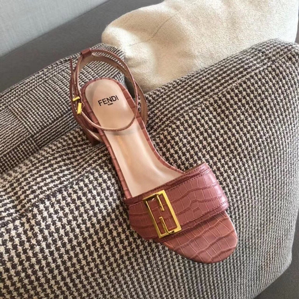Fendi FF Block Heel Flat Sandals Croc Embossed Calfskin Leather Spring/Summer 2020 Collection, Pink