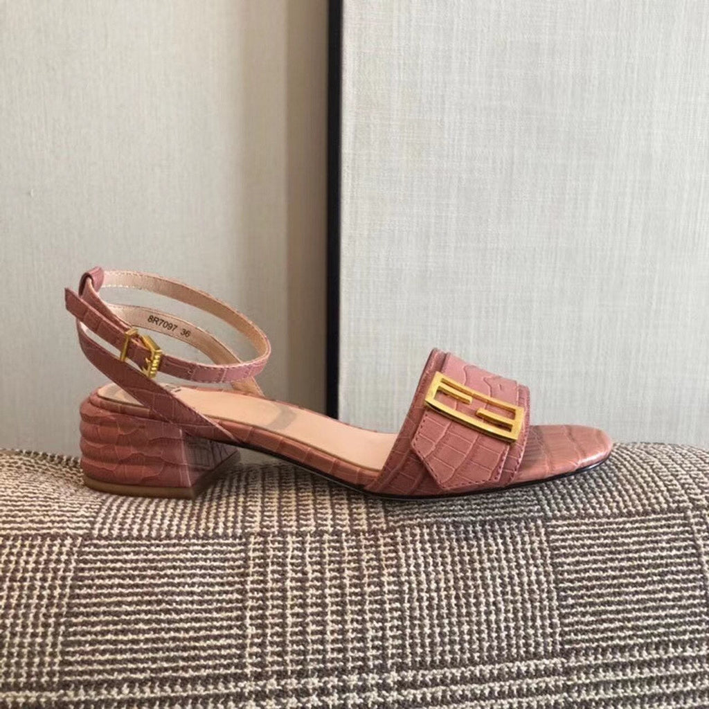 Fendi FF Block Heel Flat Sandals Croc Embossed Calfskin Leather Spring/Summer 2020 Collection, Pink