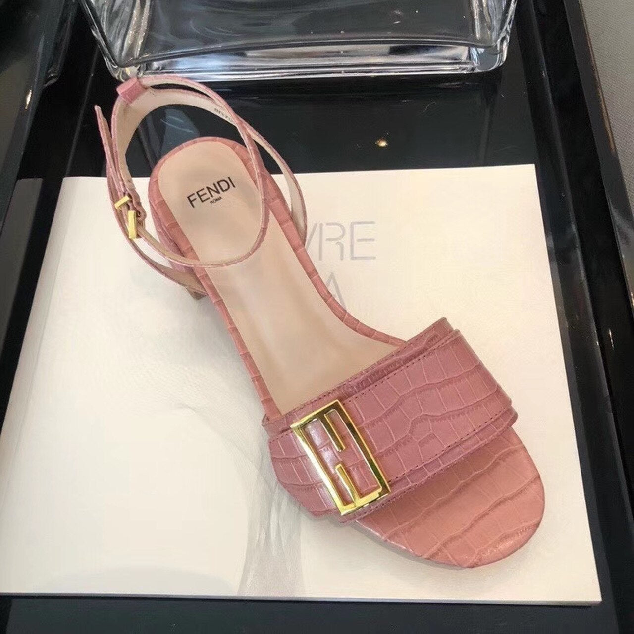 Fendi FF Block Heel Flat Sandals Croc Embossed Calfskin Leather Spring/Summer 2020 Collection, Pink