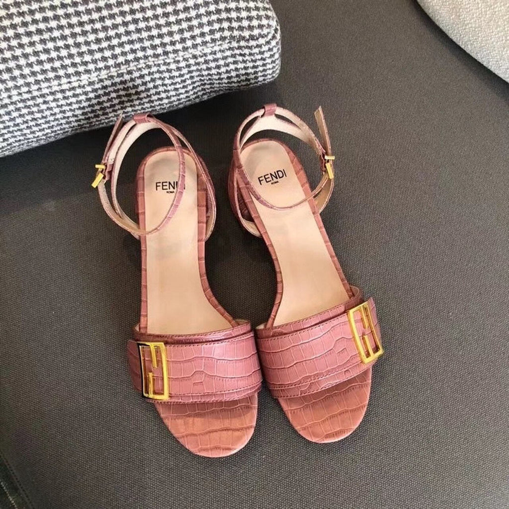 Fendi FF Block Heel Flat Sandals Croc Embossed Calfskin Leather Spring/Summer 2020 Collection, Pink