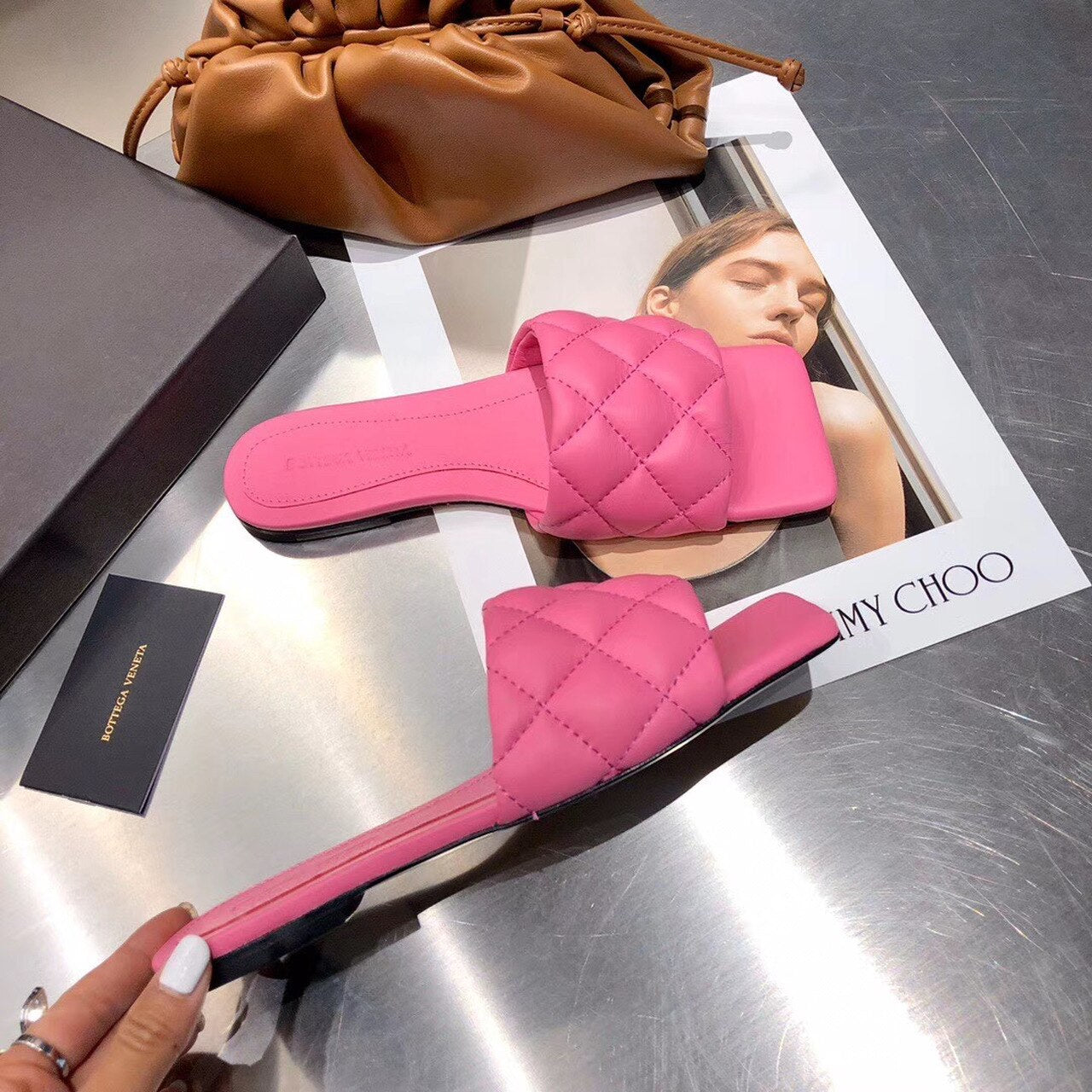 Bottega Veneta Square Toe Padded Sandals Calfskin Leather Spring/Summer 2020 Collection, Pink