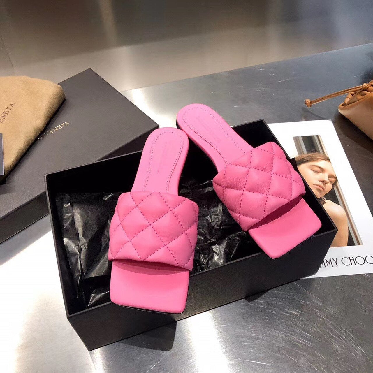 Bottega Veneta Square Toe Padded Sandals Calfskin Leather Spring/Summer 2020 Collection, Pink