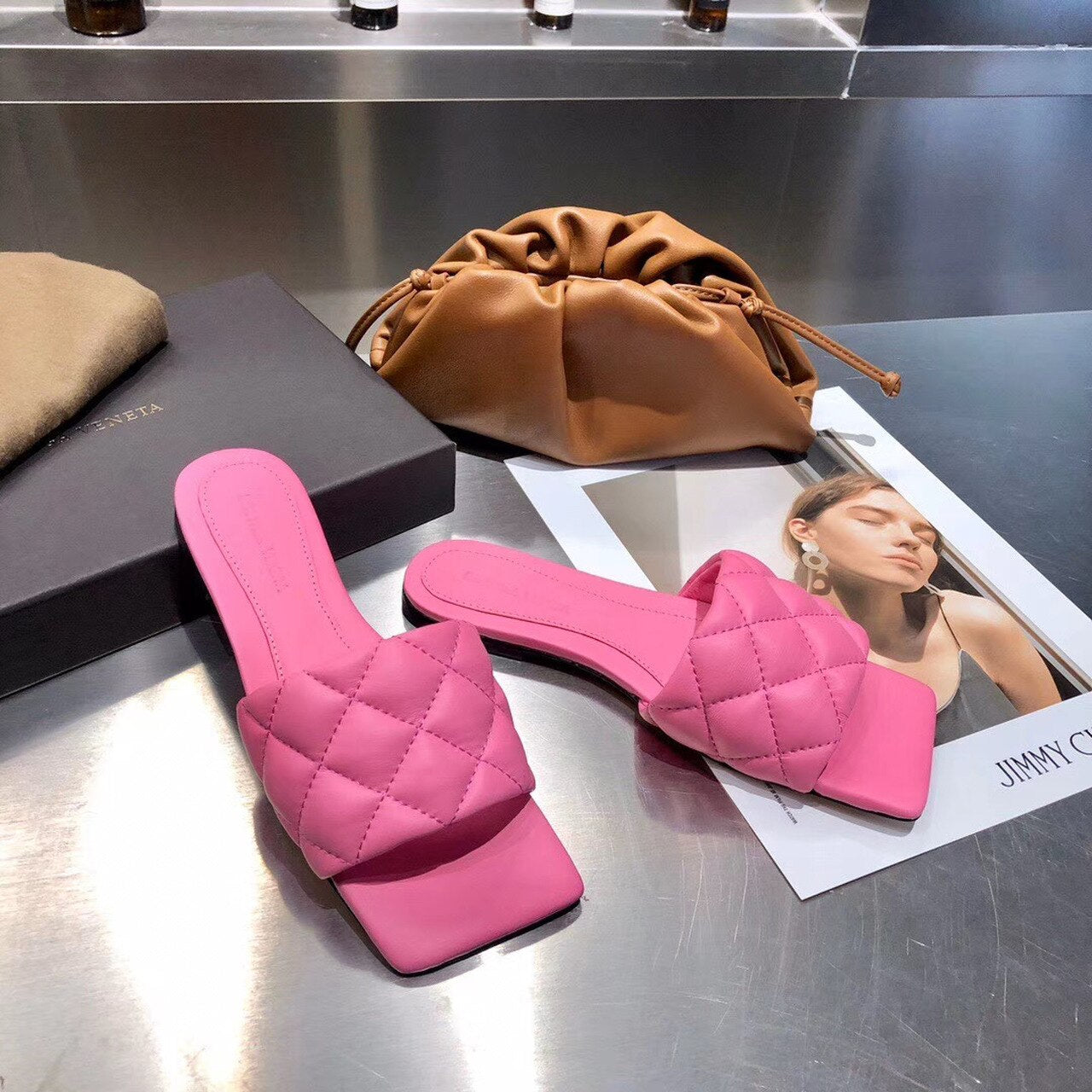 Bottega Veneta Square Toe Padded Sandals Calfskin Leather Spring/Summer 2020 Collection, Pink