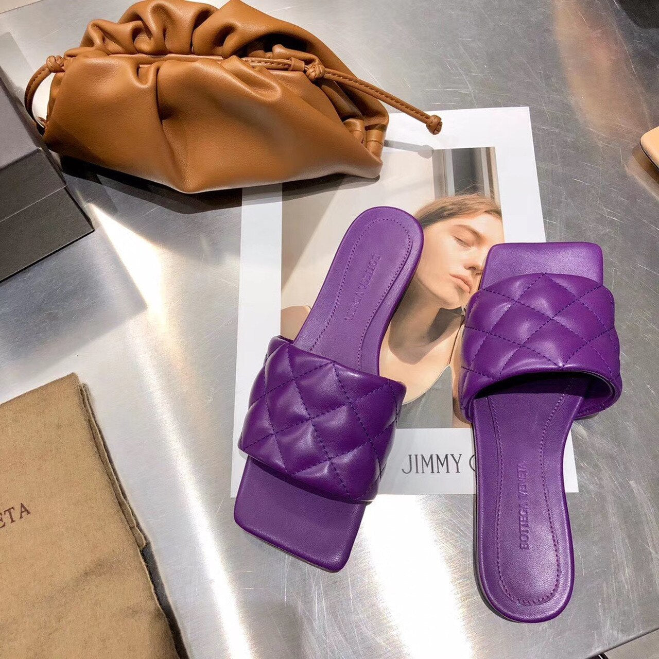 Bottega Veneta Square Toe Padded Sandals Calfskin Leather Spring/Summer 2020 Collection, Purple