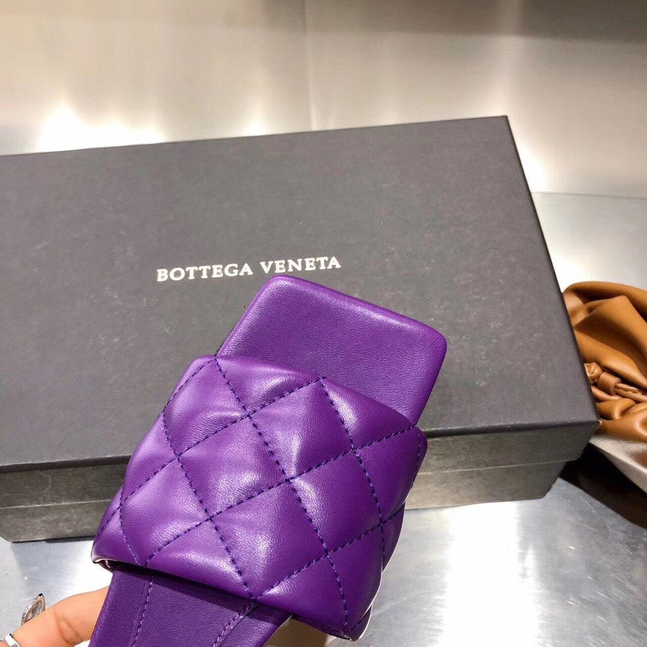 Bottega Veneta Square Toe Padded Sandals Calfskin Leather Spring/Summer 2020 Collection, Purple
