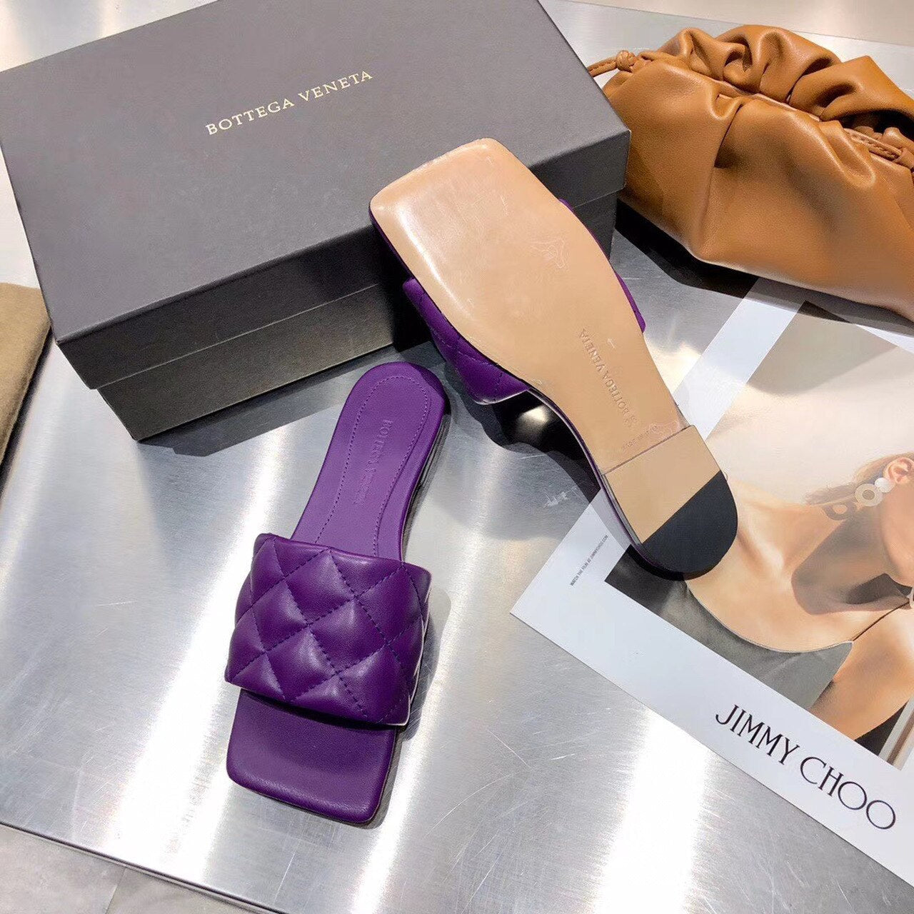 Bottega Veneta Square Toe Padded Sandals Calfskin Leather Spring/Summer 2020 Collection, Purple