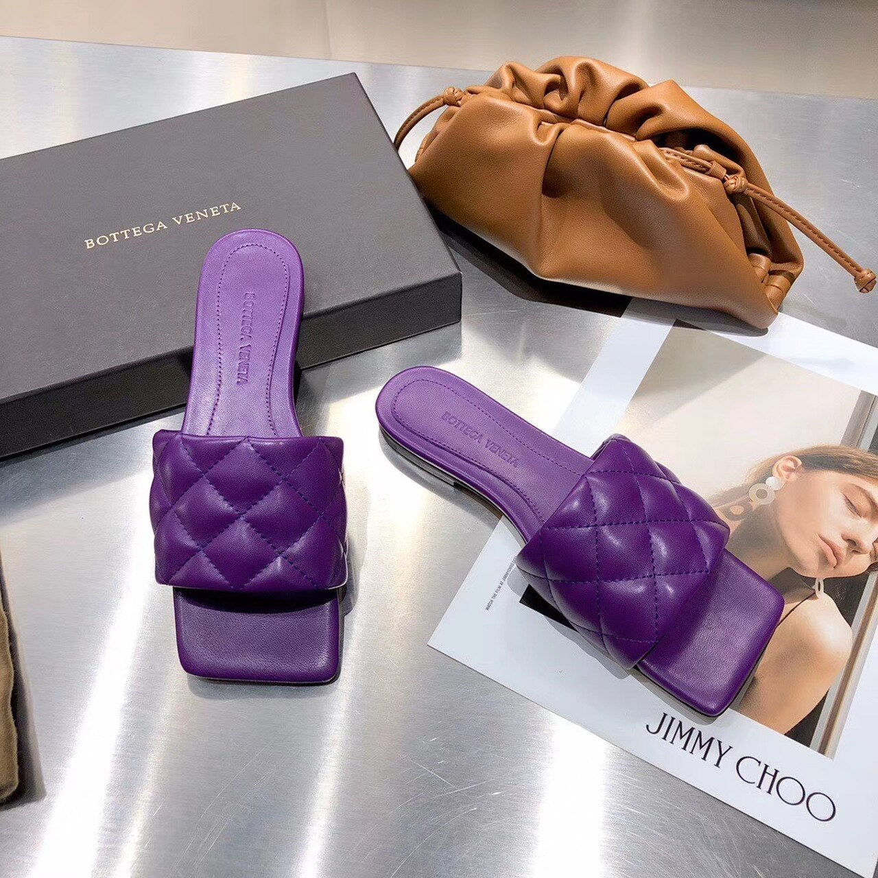 Bottega Veneta Square Toe Padded Sandals Calfskin Leather Spring/Summer 2020 Collection, Purple