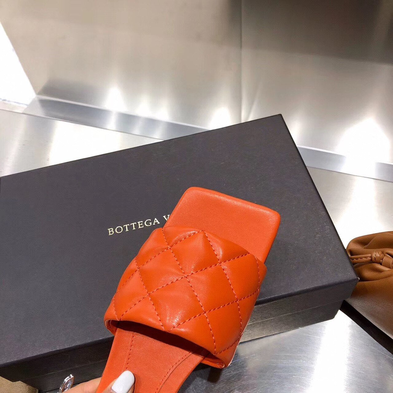 Bottega Veneta Square Toe Padded Sandals Calfskin Leather Spring/Summer 2020 Collection, Orange