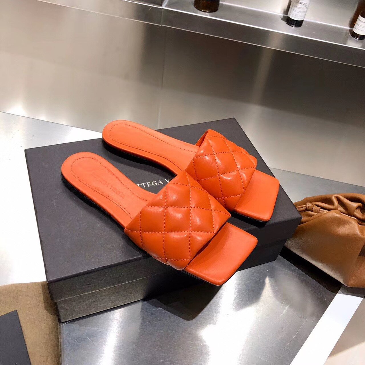 Bottega Veneta Square Toe Padded Sandals Calfskin Leather Spring/Summer 2020 Collection, Orange